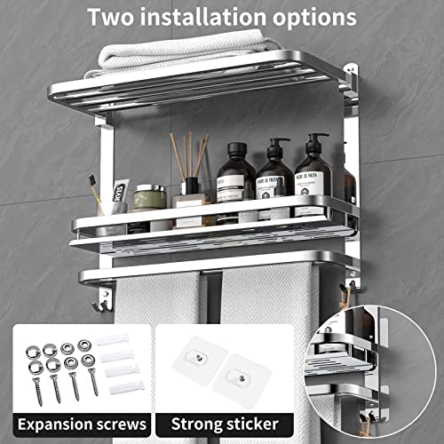 CAXIMSY Towel Rack with Shelf, 22.63" Bathroom Shelf with Double Towel Bars Stainless Steel, Wall Mounted, Foldable Top, 2 Hooks, Adhesive/Screw Install, Space-Saving for Small Bathrooms & Apartments - color: Collapsible Towel Rack With Bathroom Organize