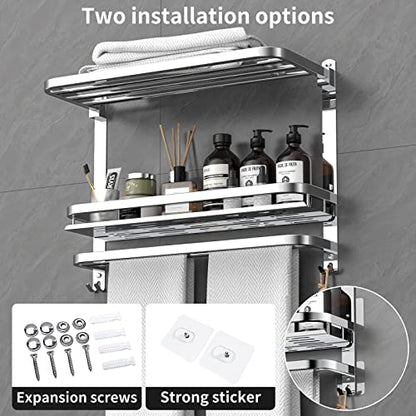 CAXIMSY Towel Rack with Shelf, 22.63" Bathroom Shelf with Double Towel Bars Stainless Steel, Wall Mounted, Foldable Top, 2 Hooks, Adhesive/Screw Install, Space-Saving for Small Bathrooms & Apartments - color: Collapsible Towel Rack With Bathroom Organize