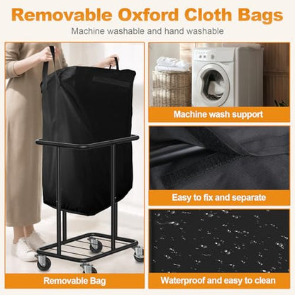 Hodonas Laundry Basket with Wheels, Rolling Laundry Hamper, 46 Gallons (170L), Removable and Machine Washable Liner, Steel Frame, Large Laundry Cart for Laundry Room, Bedroom, Bathroom, Dorm - Black - color: Black