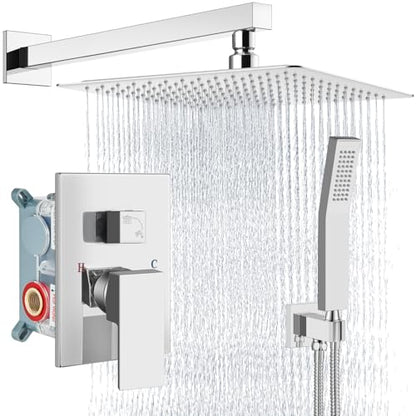Aolemi Shower Faucet Set with Handheld Polish Chrome 16 Inch Head | Pressure Balance Shower Valve and Trim Kit,SUS304 Rain Head and Handle System,All Metal,Wall Mount,Bathroom,Handheld Spray - color: Chrome, size: 16 Inch Wall Mount Shower Head