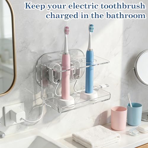 Electric Toothbrush Holder Wall Mounted,Acrylic Tooth Brush Holder for Bathroom, Electric Toothbrush Organizer with Cable Organizer for Shower,Clear