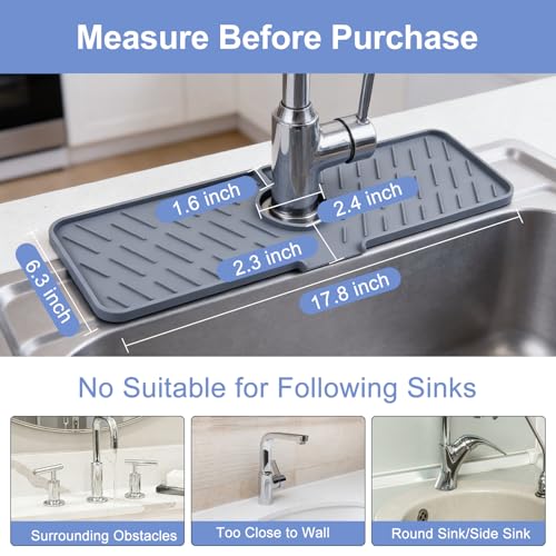 Kitchen Sink Silicone Splash Guard, Faucet Mat for Keeping Kitchen and Bathroom Sinks Dry, 17.7 x 6.3 Inches, Grey - color: Dark Gray
