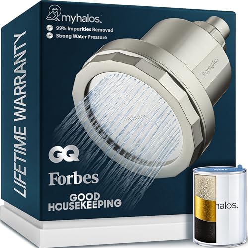 MyHalos® Filtered Shower Head, Shower Head Filter for Hard Water | High Pressure, Removes Chlorine & Heavy Metals, Water Softener, Filter Shower Head, Water Filter, Filtro Para Ducha De Baño - color: Brushed Metal