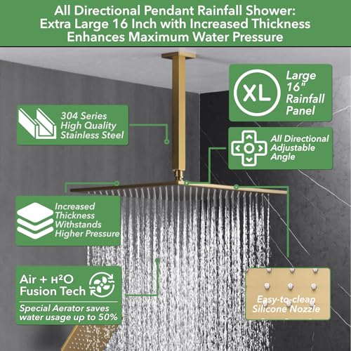 VANFOXLE Shower System, Brushed Gold Shower Faucet Set, Push Button Valve | 16 Inch Ceiling Mount Rain Head, 6 Inch Wall Mount Head, 2-in-1 Handheld Sprayer, Solid Brass Valve, Rust Resistant - color: Brushed Gold, style: 16"+6" Head