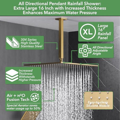 VANFOXLE Shower System, Brushed Gold Shower Faucet Set, Push Button Valve | 16 Inch Ceiling Mount Rain Head, 6 Inch Wall Mount Head, 2-in-1 Handheld Sprayer, Solid Brass Valve, Rust Resistant - color: Brushed Gold, style: 16"+6" Head