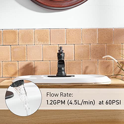 BWE Matte Black Waterfall Bathroom Faucet, Solid Brass, 1.2 GPM | Waterfall Spout, Ceramic Cartridge, California-Compliant, Fits 1 or 3-Hole Sinks, Handware Included, Single Handle - color: Black