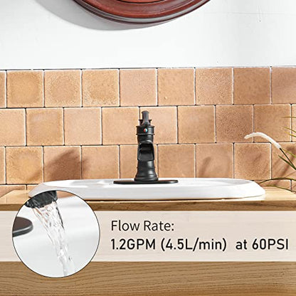 BWE Matte Black Waterfall Bathroom Faucet, Solid Brass, 1.2 GPM | Waterfall Spout, Ceramic Cartridge, California-Compliant, Fits 1 or 3-Hole Sinks, Handware Included, Single Handle - color: Black