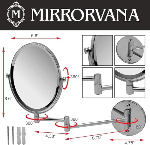 Wall Mounted Bathroom Makeup & Shaving Mirror, Double Sided 5X & 1X Magnification, 13-Inch Extension Swivel Arm, Oval 6.6" x 8.6" Glass Area, Chrome