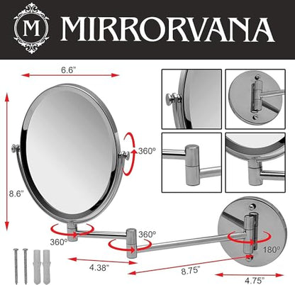 Wall Mounted Bathroom Makeup & Shaving Mirror, Double Sided 5X & 1X Magnification, 13-Inch Extension Swivel Arm, Oval 6.6" x 8.6" Glass Area, Chrome