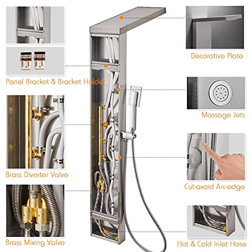 ROVATE 4-in-1 Rainfall Waterfall Shower Panel Tower System, Brushed Finish | Shower Column with Body Massage Jets and Handheld, Stainless Steel High Pressure, Use Multiple Functions Simultaneously - color: Brushed Finish