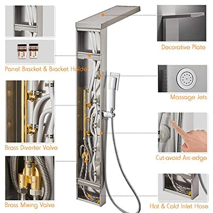 ROVATE 4-in-1 Rainfall Waterfall Shower Panel Tower System, Brushed Finish | Shower Column with Body Massage Jets and Handheld, Stainless Steel High Pressure, Use Multiple Functions Simultaneously - color: Brushed Finish
