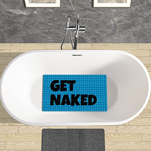 FCZ Bath Tub Mat Non Slip Shower Mat Get Naked Blue Extra Long 26.8x15 inches Rectangular PVC Mat with Suction Cups Drain Holes Machine Washable - color: Get Naked Blue
