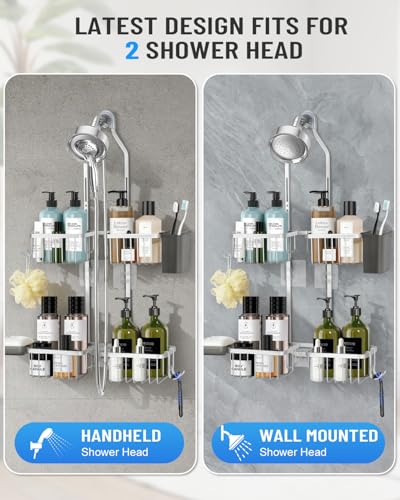 Adjustable Shower Caddy Hanging for Handheld Showerheads - Never Rust Shower Hanging Organizer, Upgraded Bathroom Shower Rack with Soap Basket, Hooks and Toothbrush Holder (Silver) - color: Silver