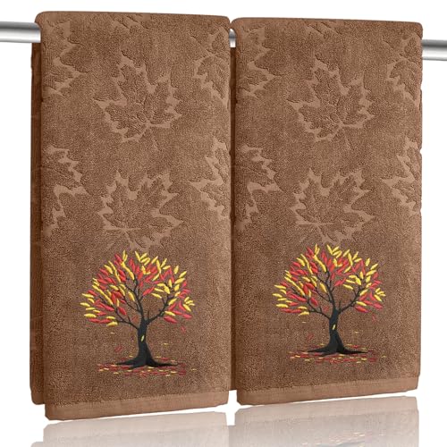 2 Pack Fall Hand Towel Jacquard Embroidered Cotton Kitchen Towels Farmhours Thankful Bath Towels Set Thanksgiving Bathroom Decor (Brown Tree of Life, 2*Hand Towel) - color: Brown Tree of Life