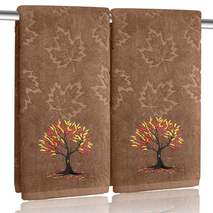 2 Pack Fall Hand Towel Jacquard Embroidered Cotton Kitchen Towels Farmhours Thankful Bath Towels Set Thanksgiving Bathroom Decor (Brown Tree of Life, 2*Hand Towel) - color: Brown Tree of Life