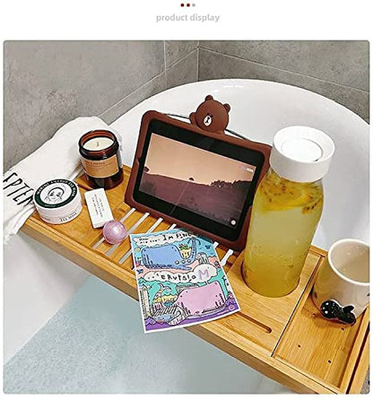 Top hacker Bamboo Bathtub Caddy Tray Foldable Bathtub Tray Expandable Luxurious Bathtub Tray with Mirror and Mobile Phone Holder, Tablet Computer, Red Wine, Soap Box (Color : Standard)