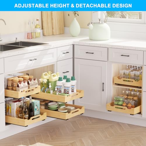 Pull Out Cabinet Organizer, 2-Tier Drawers for Kitchen Cabinet | Sliding Bamboo Under Sink Organizer for Kitchen Storage Organization with Coated Iron Frame, Bathroom Organizers and Storage