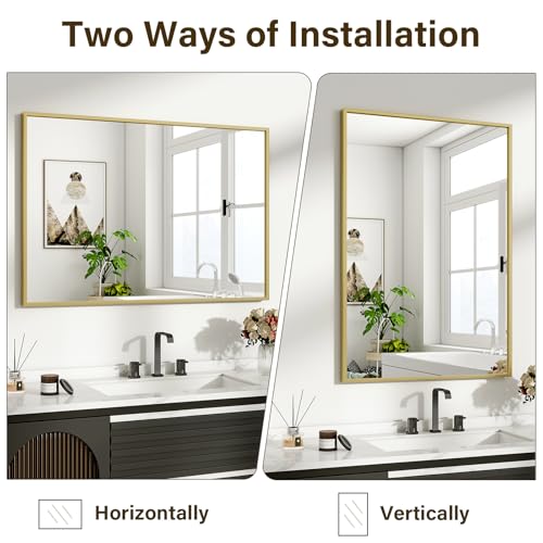 HARRITPURE 26"x38" Rectangle Bathroom Mirror, Gold Vanity Wall Mirror | Aluminum Alloy Frame Wall Mirror, Horizontal or Vertical Wall Mount for Entryway Bedroom Living Room - size: 38"L x 26"W