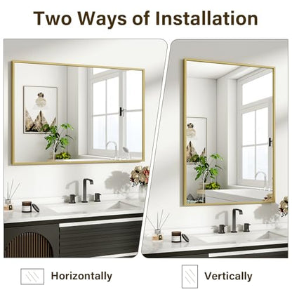 HARRITPURE 26"x38" Rectangle Bathroom Mirror, Gold Vanity Wall Mirror | Aluminum Alloy Frame Wall Mirror, Horizontal or Vertical Wall Mount for Entryway Bedroom Living Room - size: 38"L x 26"W