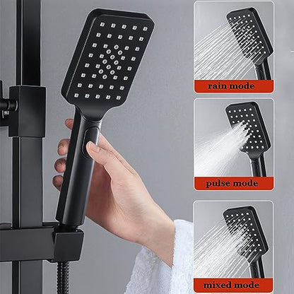 Thermostatic Shower Set Black Digital Display Rainfall Shower System, 4 Function Exposed Shower Faucet Set Brass Bathtub Faucet Wall Mounted Shower Fixture with Height Adjustable Shower Rod