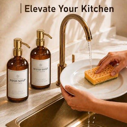 Fachixy Amber Glass Soap Dispenser 2 Pack, 16 Fl Oz, 14 Waterproof Labels | Rust-Resistant Stainless Steel Pump, Non-Slip Pad, Hand & Dish Soap Dispenser Bottles Set for Kitchen and Bathroom - color: Amber