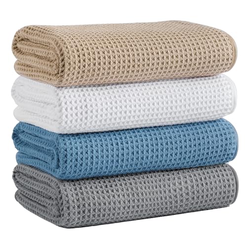 Microfiber Waffle Bath Towels, 4 Pieces, Soft, Absorbent, Fast Drying, Lint Free 430 GSM (Beige+Gray+Blue+White) - color: Beige+gray+blue+white
