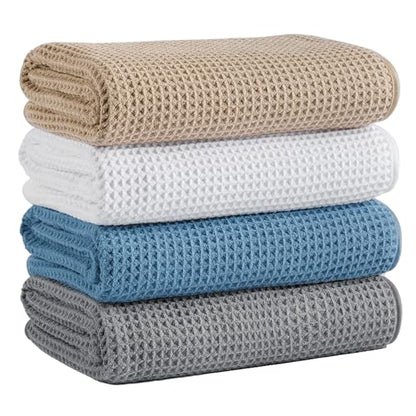 Microfiber Waffle Bath Towels, 4 Pieces, Soft, Absorbent, Fast Drying, Lint Free 430 GSM (Beige+Gray+Blue+White) - color: Beige+gray+blue+white