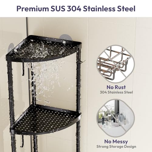 SWTYMIKI Corner Shower Caddy Standing - 3 Tier Stainless Steel Shower Organizer Stand, Large Capacity Floor Shelf with 4 Hooks, Rustproof Bathroom Storage Rack, Black