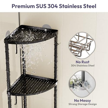 SWTYMIKI Corner Shower Caddy Standing - 3 Tier Stainless Steel Shower Organizer Stand, Large Capacity Floor Shelf with 4 Hooks, Rustproof Bathroom Storage Rack, Black