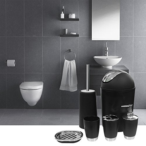 Bathroom Accessories Set, 6-Piece Plastic Gift Set, Toothbrush Holder, Toothbrush Cup, Soap Dispenser, Soap Dish, Toilet Brush Holder, Trash Can (Black) - color: Black