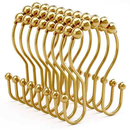 Bathway Shower Curtain Hooks, Shower Curtain Rings Rust Proof Double Hook Shower Curtain Hooks, 12 Pcs Dark Gold Shower Hooks for Shower Curtain, Shower Rings for Curtain, Metal Shower Rod Hooks - color: Dark Gold