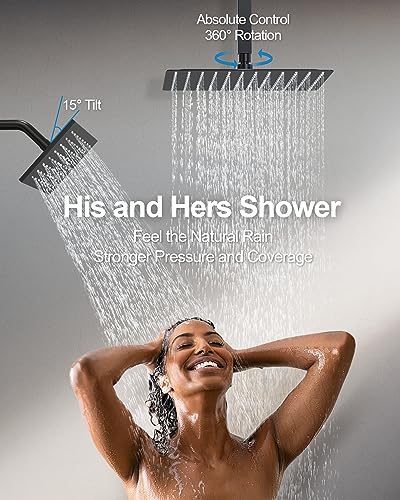 Shower Faucet Set with Handheld Spray, Matte Black | 12" Ceiling Mount SUS304 Rainfall Shower Head System, 6" Side Head, 3-Function Thermostatic Valve Trim Kit, All Metal - color: Matte Black