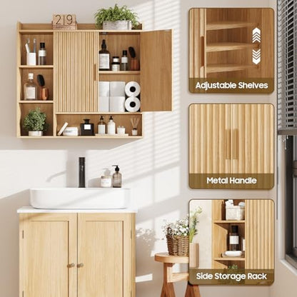 Vabches Fluted Bathroom Wall Cabinet, Wooden Medicine Cabinet Organizer with 2 Doors and Adjustable Shelf, Over The Toilet Storage Cabinet for Laundry Room and Living Room