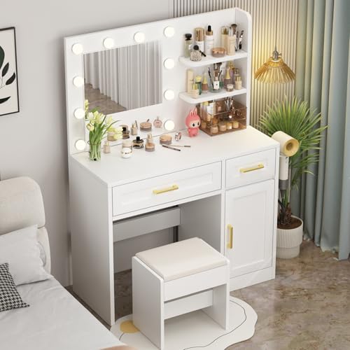 Vanity Desk with Mirror and Lights & Power Outlet | Makeup Desk with Drawer Storage Shelves,3 Lighting Mode Adjustable Brightness,Modern Handle Dressing Table with Chair Bedroom