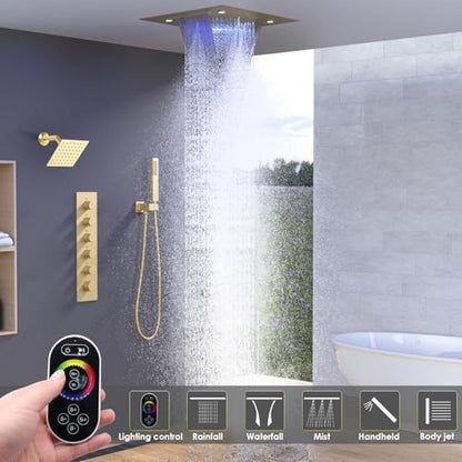 Enga Luxury Dual Shower Head System LED Thermostatic Shower System with 6 inch Wall Shower, 20-Inch 3 Function Shower Head (Rainfall & Mist & Waterfall), Brushed Gold - color: Brushed Gold, style: 20" Head (Rain + Mist+Waterfall) - 6" Head