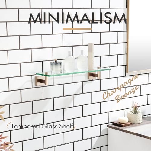 KOKOSIRI Wall Shelves Bathroom Hardware Glass Floating Shelf 20-Inch for Bedroom, Living Room, Kitchen, Hanging Rack Champagne Bronze B1105CPG-L20 - color: Champagne Bronze, size: 20-Inch