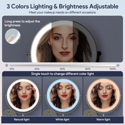 Rechargeable Wall Mounted Lighted Makeup Mirror, 8 Inch Double-Sided LED Vanity Mirror 1X/10X Magnification,3 Color Lights Touch Screen Dimmable 360°Swivel 13 Inch Extendable - color: 8 Inch Nickel