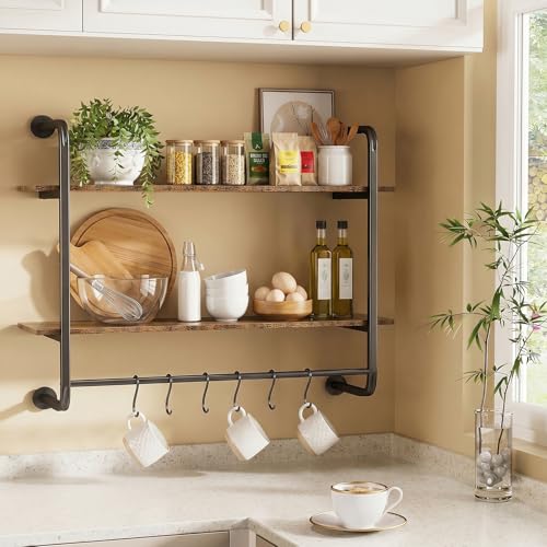 2 Tier Industrial Pipe Floating Shelf, 31.5" Kitchen Wall Shelves | with Towel Bar & 6 Hooks, Coffee Bar Shelves Display Bookshelf Wall Shelf for Kitchen, Bathroom, Home Décor, Rustic Brown - size: 31.5 Inch（2 Tier）