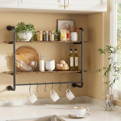 2 Tier Industrial Pipe Floating Shelf, 31.5" Kitchen Wall Shelves | with Towel Bar & 6 Hooks, Coffee Bar Shelves Display Bookshelf Wall Shelf for Kitchen, Bathroom, Home Décor, Rustic Brown - size: 31.5 Inch（2 Tier）