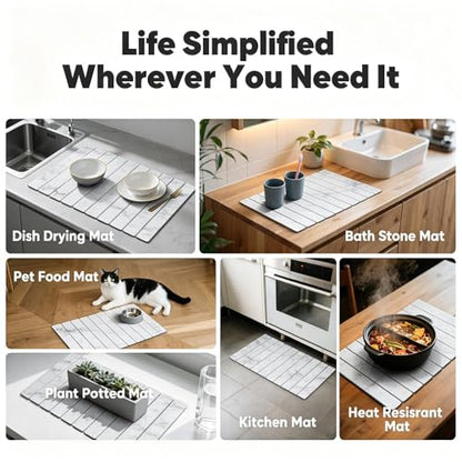Stone Drying Mat for Kitchen Counter, Quick Diatomaceous Earth Mats for Dishes, 24"L x 16" W Super Absorbent Fast-Drying Collapsible Countertop Stone Mat (Marble White, 24" x 16") - color: Marble White