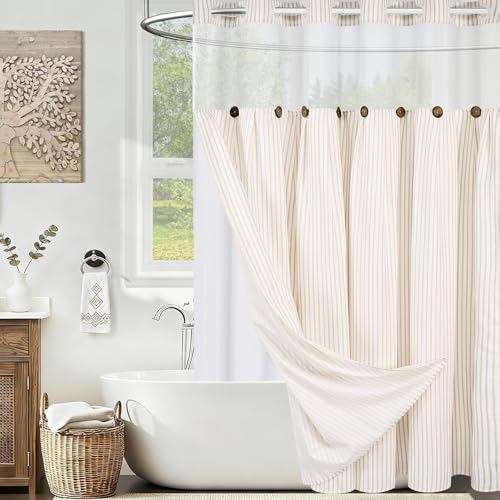 ASPMIZ Farmhouse Striped Shower Curtain and Liner Set No Hook, Beige 71x74 | No Hook Shower Curtain with Snap in Liner Fabric, Rustic Washable Waterproof Bathroom Curtains with Button, Mesh Top Window - color: Beige Striped, size: 71"W x 74"L (Pack of 1),