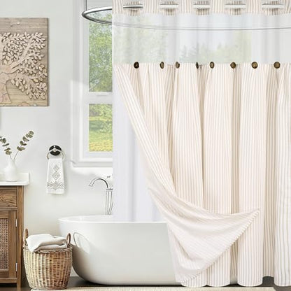 ASPMIZ Farmhouse Striped Shower Curtain and Liner Set No Hook, Beige 71x74 | No Hook Shower Curtain with Snap in Liner Fabric, Rustic Washable Waterproof Bathroom Curtains with Button, Mesh Top Window - color: Beige Striped, size: 71"W x 74"L (Pack of 1),