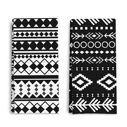 Black and White Tribal Aztec Kitchen Dish Towels Set of 2, Ethnic Boho Native American Decorative Hand Towels for Bathroom Kitchen Bath Gym Spa, Aztec Bathroom Decor, 16x24 Inch - color: Black and White Tribal Aztec