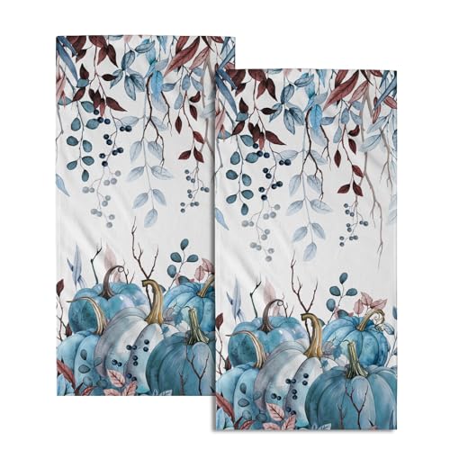 Fall Hand Towels Set of 2 Teal Blue Pumpkin Hand Towels Fall Thanksgiving Harvest Dish Towel Autumn Fall Decorative Hand Towel for Bathroom 14"x28" Absorbent Tea Towels for Home Kitchen Bathroom - color: Fall Pumpkin Blue