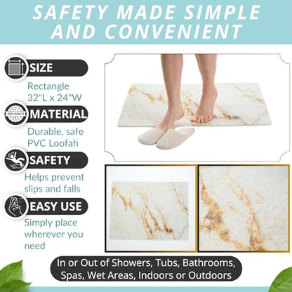 Enkosi Loofah Non-Slip Shower Mat - Shower Floors, Bathtub, Bathrooms, Wet Areas - Cushioned Bath Mat with Drain Holes - Quick Dry PVC, Secure Safety Pad Without Suction Cups (32x24 Marble Gold) - color: Marble White Gold, size: 32" x 24" (Rectangular)
