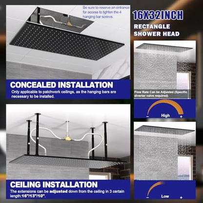 Luxury Large Ceiling Rectangle Rainfall Shower Head, 16x32inch High Pressure Rain Showerhead with Silicone Nozzles Full Body Fixed Showerheads For Modern Bathroom, Black Finish - color: Matte Black, style: Rainfall(One Function)