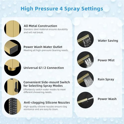 Hibbent All Metal CUPC Certified 10'' Rain Shower Head, Dual Shower Head Combo, High Pressure Handheld 4 Sprays Shower Wand, 16'' Adjustable Extension Arm, 71'' Hose, Shower Holder, Brushed Gold - color: Brushed Gold, style: Square 10''