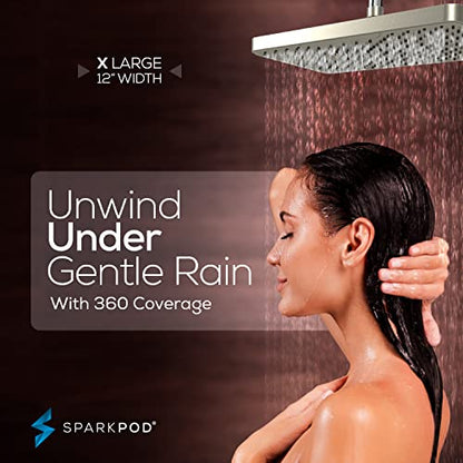 SparkPod 12 Inch Rectangle Rain Shower Head - Ceiling or Wall Mount Rainfall Shower Head - Large Coverage Showerhead - Brass Ball Joint with 360° Adjustment - 1-Min Install (Elegant Brushed Nickel) - color: 2 - Elegant Brushed Nickel 12 Inch Rectangle, st