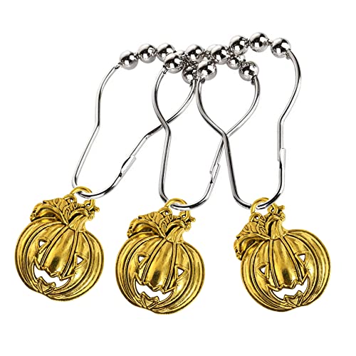 Set of 12 Halloween Smiling Pumpkins Shower Curtain Hooks Ring Stainless Steel Rustproof Bathroom Kids Room Fashion Home Decor (Gold) - color: Gold