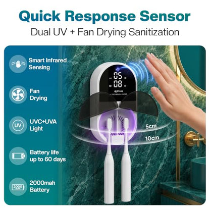 Jetfresh UV Toothbrush Sanitizer and Holder with Fan Drying | Wall Mounted UV-C Toothbrush Cleaner | Tooth Brush Sanitizer Holder Auto Shut-Off, USB Rechargeable, Fits All Brushes. - color: White
